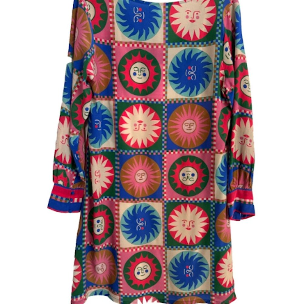 Johnny Was Workshop Silk V-Neck Swing Dress Sun Pattern Colorful Lionora Size S - Picture 2 of 9